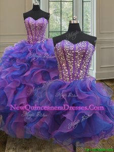 Delicate Three Piece Blue and Purple Ball Gowns Organza Sweetheart Sleeveless Beading and Ruffles Floor Length Lace Up Quinceanera Dresses