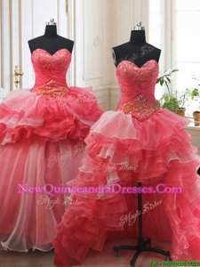 Glittering Three Piece Ruffled White and Coral Red Quince Ball Gowns Sweetheart Sleeveless Brush Train Lace Up