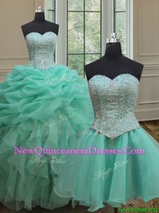 Smart Three Piece Turquoise Organza Lace Up Sweet 16 Quinceanera Dress Sleeveless Floor Length Beading and Ruffles and Pick Ups