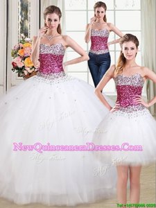 Great Three Piece Sleeveless Tulle Floor Length Lace Up 15th Birthday Dress in White withBeading