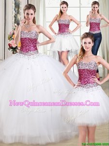 Custom Made Four Piece White Sleeveless Tulle Lace Up Quinceanera Gowns for Military Ball and Sweet 16 and Quinceanera