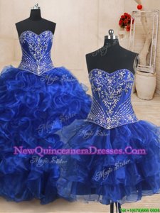 Eye-catching Three Piece Royal Blue Lace Up Sweetheart Beading and Ruffles 15th Birthday Dress Organza Sleeveless Brush Train