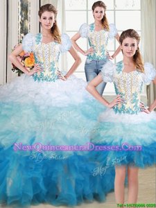 Fashionable Three Piece Organza Sweetheart Sleeveless Lace Up Beading and Appliques Quinceanera Dress inMulti-color