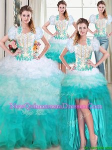 Top Selling Four Piece Organza Sweetheart Sleeveless Lace Up Beading and Appliques and Ruffles Quince Ball Gowns inMulti-color