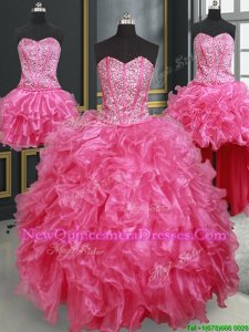 Dramatic Four Piece Hot Pink Sweetheart Lace Up Beading and Ruffles Sweet 16 Dress Sleeveless