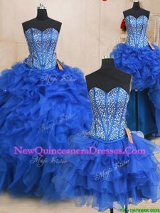 Dazzling Four Piece Royal Blue Sleeveless Beading and Ruffles Floor Length 15th Birthday Dress