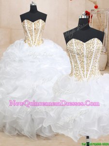 Most Popular Three Piece Beading and Ruffles Quinceanera Dress White Lace Up Sleeveless Floor Length