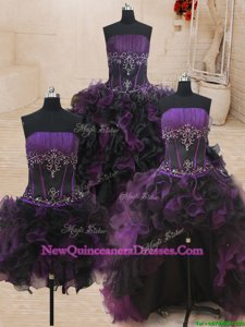 Attractive Four Piece Black and Purple Sleeveless Floor Length Beading and Ruffles Lace Up Quinceanera Gowns