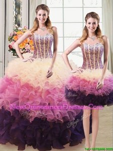 Simple Three Piece Multi-color Organza Lace Up 15th Birthday Dress Sleeveless Floor Length Beading and Ruffles