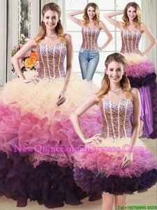Affordable Four Piece Sleeveless Organza Floor Length Lace Up Vestidos de Quinceanera inMulti-color withBeading and Ruffles