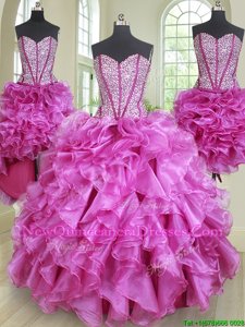 Fantastic Four Piece Fuchsia Sweetheart Lace Up Beading and Ruffles 15th Birthday Dress Sleeveless