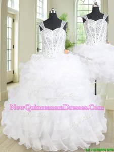 Fancy Three Piece Organza Straps Sleeveless Lace Up Beading and Ruffles Sweet 16 Dress in White