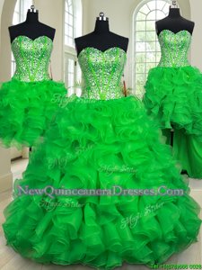 Amazing Four Piece Sleeveless Organza Floor Length Lace Up 15 Quinceanera Dress inGreen withBeading and Ruffles