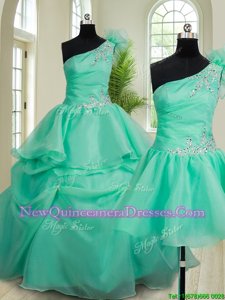 Three Piece Floor Length Turquoise Quinceanera Gowns One Shoulder Sleeveless Lace Up