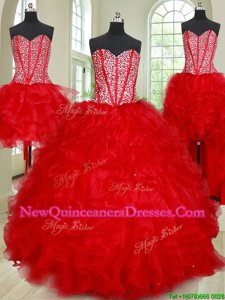 Four Piece Ball Gowns Sweet 16 Dresses Red Sweetheart Organza Sleeveless Floor Length Lace Up