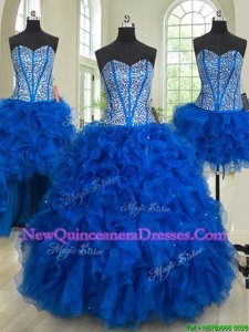 Low Price Four Piece Royal Blue Lace Up Sweetheart Beading and Ruffles Quince Ball Gowns Organza Sleeveless