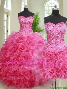 Three Piece Hot Pink Ball Gowns Beading and Ruffles Quince Ball Gowns Lace Up Organza Sleeveless Floor Length