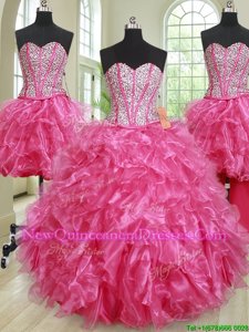 Top Selling Four Piece Hot Pink Ball Gowns Organza Sweetheart Sleeveless Beading and Ruffles Floor Length Lace Up Ball Gown Prom Dress