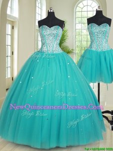 Flirting Three Piece Aqua Blue Sleeveless Floor Length Beading Lace Up Quinceanera Dress