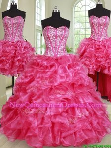Elegant Four Piece Sleeveless Floor Length Beading and Ruffles Lace Up 15th Birthday Dress with Hot Pink