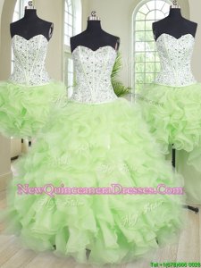 Wonderful Four Piece Yellow Green Organza Lace Up 15 Quinceanera Dress Sleeveless Floor Length Beading and Ruffles