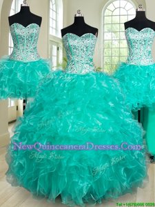 Fabulous Four Piece Turquoise Organza Lace Up Quinceanera Dress Sleeveless Floor Length Beading and Ruffles