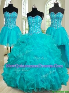 Spectacular Four Piece Teal Sweetheart Neckline Beading and Ruffles Ball Gown Prom Dress Sleeveless Lace Up