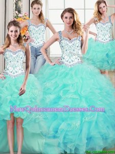 Most Popular Four Piece Straps Straps Beading and Lace and Ruffles Sweet 16 Dress Aqua Blue Lace Up Sleeveless Floor Length