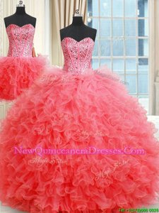 Custom Made Three Piece Coral Red Sleeveless Beading and Ruffles Floor Length 15 Quinceanera Dress