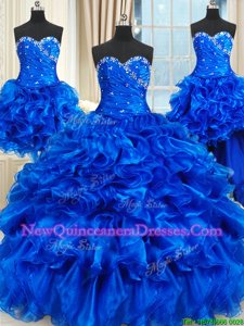 Eye-catching Four Piece Organza Sweetheart Sleeveless Lace Up Beading and Ruffles Quinceanera Dresses inRoyal Blue