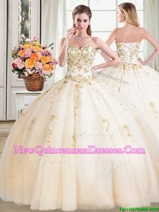 Super Sweetheart Sleeveless Quince Ball Gowns Floor Length Beading Champagne Tulle