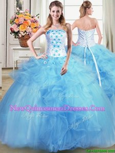 Flare Light Blue Sleeveless Floor Length Beading and Appliques and Ruffles Lace Up 15 Quinceanera Dress