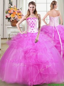 Fashionable Fuchsia Lace Up Strapless Beading and Appliques and Embroidery Sweet 16 Quinceanera Dress Tulle Sleeveless