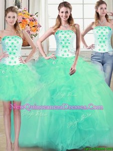Glamorous Three Piece Turquoise Ball Gowns Beading and Appliques and Ruffles Quinceanera Gowns Lace Up Tulle Sleeveless Floor Length