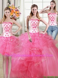 Exquisite Three Piece Hot Pink Ball Gowns Strapless Sleeveless Tulle Floor Length Lace Up Beading and Appliques and Ruffles Sweet 16 Dress