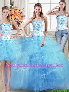 Edgy Three Piece Light Blue Ball Gowns Strapless Sleeveless Tulle Floor Length Lace Up Beading and Appliques and Ruffles Vestidos de Quinceanera