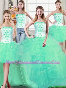 Suitable Four Piece Sleeveless Beading and Appliques and Ruffles Lace Up Vestidos de Quinceanera