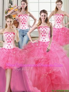 Custom Design Four Piece Floor Length Ball Gowns Sleeveless Hot Pink Sweet 16 Quinceanera Dress Lace Up