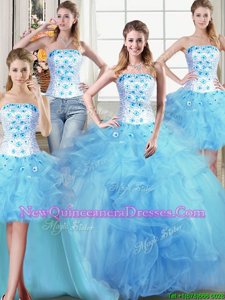 Gorgeous Four Piece Tulle Strapless Sleeveless Lace Up Beading and Appliques and Ruffles 15th Birthday Dress inLight Blue