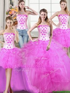 Artistic Four Piece Fuchsia Ball Gowns Beading and Appliques and Ruffles Quince Ball Gowns Lace Up Tulle Sleeveless Floor Length