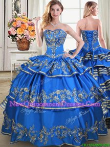 Beauteous Blue Ball Gowns Sweetheart Sleeveless Taffeta Floor Length Lace Up Beading and Embroidery and Ruffled Layers Quinceanera Gown