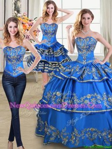 Best Three Piece Floor Length Lace Up Sweet 16 Dresses Blue and In for Military Ball and Sweet 16 and Quinceanera withBeading and Embroidery and Ruffled Layers