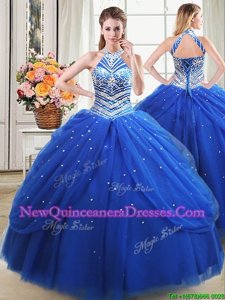 Noble Halter Top Beading and Pick Ups Quinceanera Gown Royal Blue Lace Up Sleeveless Floor Length