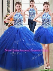 Edgy Three Piece Royal Blue Tulle Lace Up Halter Top Sleeveless Floor Length 15 Quinceanera Dress Beading and Pick Ups