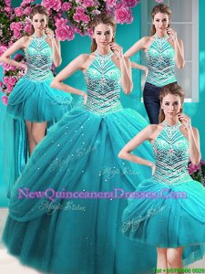 Adorable Four Piece Halter Top Pick Ups Aqua Blue Sleeveless Tulle Lace Up Sweet 16 Quinceanera Dress for Military Ball and Sweet 16 and Quinceanera