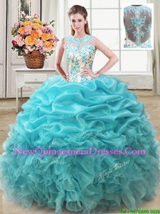 Scoop Beading and Ruffles Sweet 16 Dress Aqua Blue Lace Up Sleeveless Floor Length