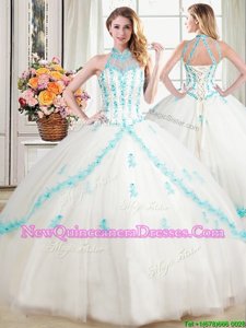 Halter Top Sleeveless Ball Gown Prom Dress Floor Length Beading and Appliques White Tulle