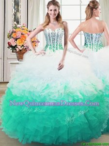 Unique Organza Sweetheart Sleeveless Lace Up Beading and Ruffles Sweet 16 Dresses in White and Green