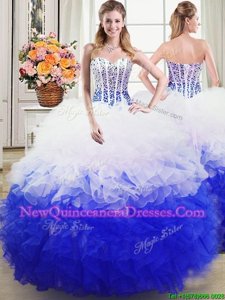 Best Selling White and Blue Quinceanera Dresses Military Ball and Sweet 16 and Quinceanera and For withBeading and Ruffles Sweetheart Sleeveless Lace Up