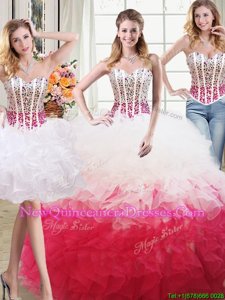 Extravagant Three Piece Floor Length White and Red Sweet 16 Dress Organza Sleeveless Spring and Summer and Fall and Winter Beading and Ruffles